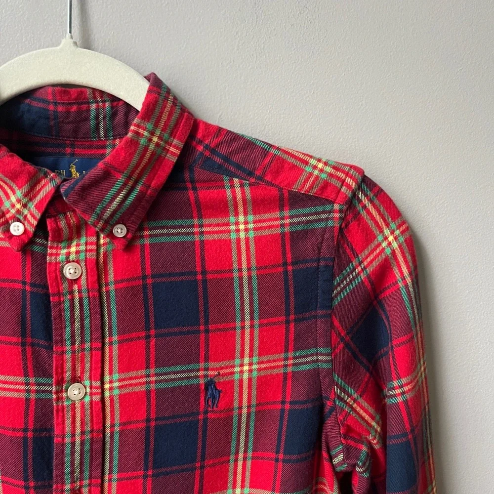 Ralph Lauren Flannel Shirt Boys Size 10/12 Red Plaid 100% Cotton Preppy Classic